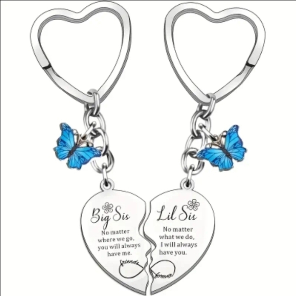 Sentimental Sister 2 Piece Heart Keychain with Blue Butterfly Charm. NEW!
